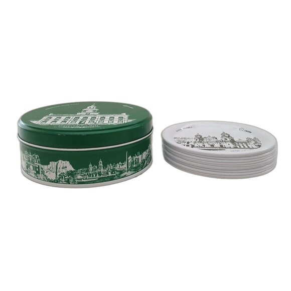 Crown Holdings Inc. Set of 12 Historical Sites Tin Coasters & Holder for Glasses - Picture 1 of 12